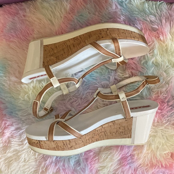 White Prada Sport Wedges with Cork Heel - Picture 5 of 15